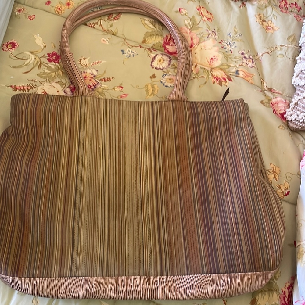 Large green, browns oranges, striped Once Upon a Rose Bag. Zipper inside.